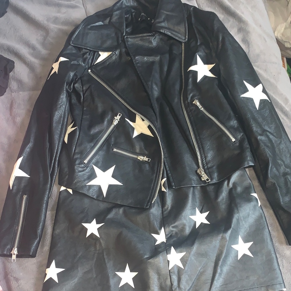 Olivaceous Black Leather Jacket with White Stars